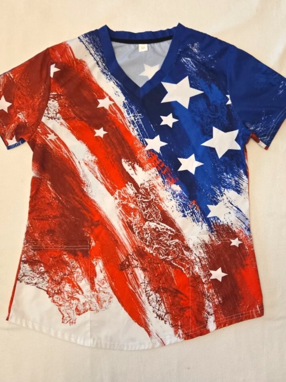 Nurse "Red, White & Blue" Scrub Smock Top Women's  V-Neck w/Pockets.